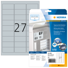 Typenschild-Etiketten von Herma, Packung mit 27 Etiketten, inklusive Software-Hinweis für die Gestaltung.