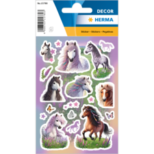 Aufkleber mit verschiedenen Pferdemotiven, darunter einfarbige und gefleckte Pferde, Schmetterlinge und Herzen auf einem bunten Hintergrund.