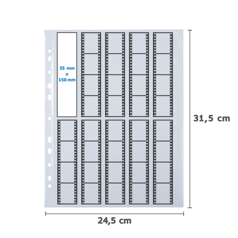 A photo sheet with space for several 35 mm x 150 mm film strips, including measurements and a blank area for notes.
