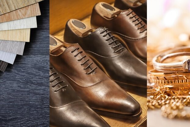 Collage of industries: stone, plastic, parquet, leather, jewelry, and wood.