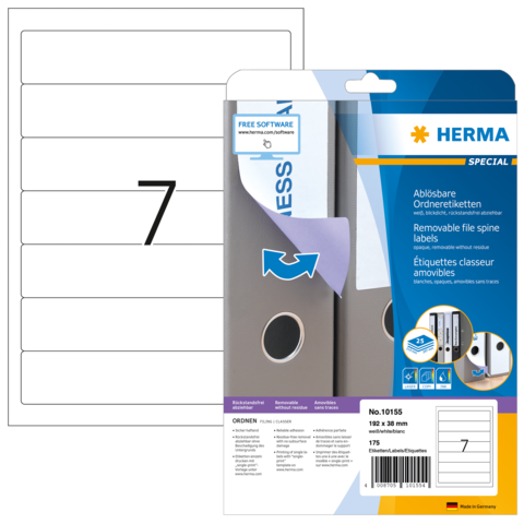 Abziehbare Ordneretiketten in einer Verpackung, mit der Nummer 7 auf einem Etikett und Informationen zur Verwendung.