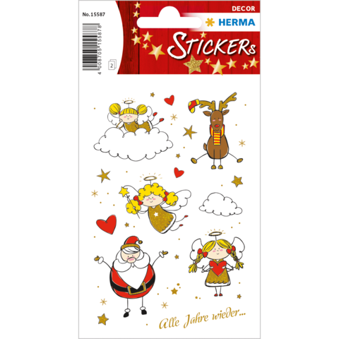 Aufkleber mit verschiedenen weihnachtlichen Motiven: Engel, ein Rentier, ein Weihnachtsmann und Herzen, umgeben von goldenen Sternen.