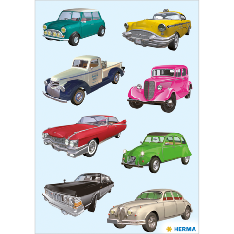 Eine Sammlung von neun klassischen Autos in verschiedenen Farben und Modellen, darunter ein Taxi, ein Pickup und ein Cabriolet.
