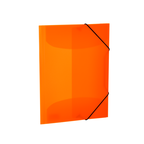Oranger Ordner mit elastischen Bändern, der geschlossen ist und eine glatte, glänzende Oberfläche aufweist.