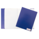 Ein blauer Ordner mit linierten Seiten und einer zusätzlichen blauen Klarsichthülle auf der rechten Seite.