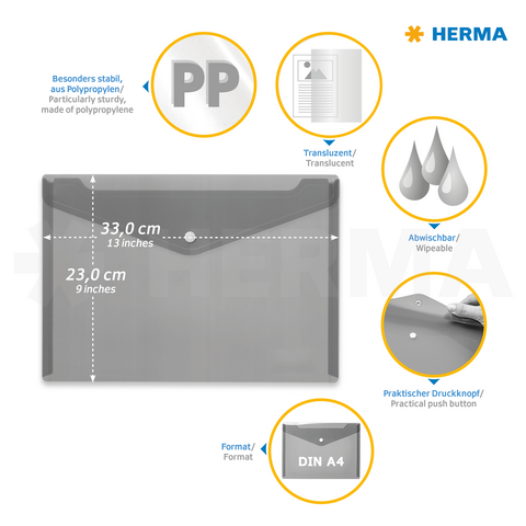 Transparent A4 folder made of polypropylene, wipeable, featuring a practical snap button, with dimensions of 33 cm x 23 cm.