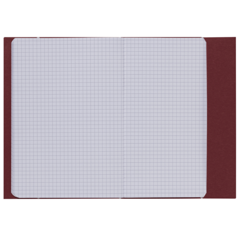 Ein offenes kariertes Heft mit leeren Seiten, das auf einem roten Umschlag liegt.