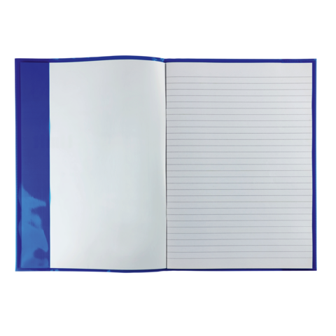 Ein offenes Notizbuch mit einer leeren linken Seite und einer linierten rechten Seite. Der Einband ist blau.