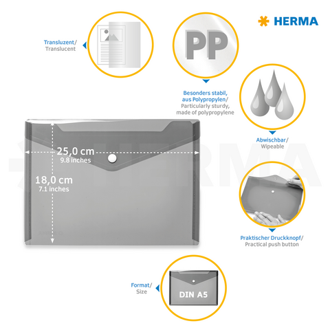 Transparent A5 sleeve made of polypropylene, wipeable, with a convenient snap button. Dimensions: 25 cm x 18 cm.