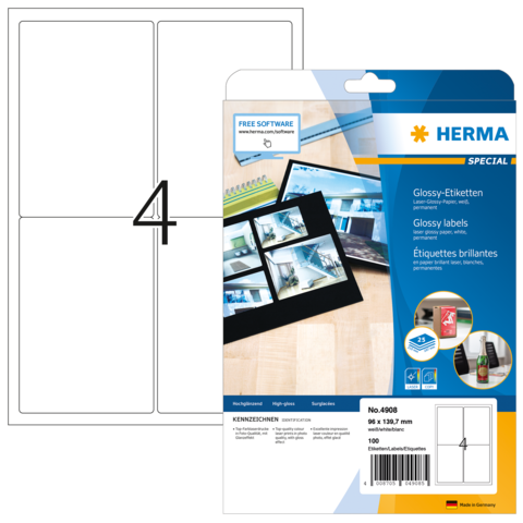 Packung mit glänzenden Etiketten von Herma, inklusive Softwarehinweis. Enthält 10 Etiketten auf einem Bogen mit vier Feldern.