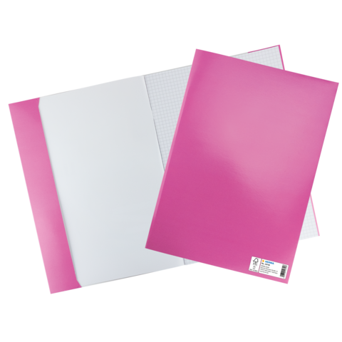 Zwei pinkfarbene Ordner, einer offen mit kariertem Papier und der andere geschlossen.