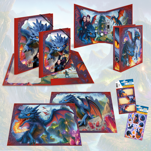 Colorful school supplies featuring a dragon motif, including binders, sleeves, and stickers that depict an imaginative landscape.