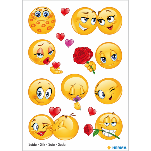 Eine Sammlung von bunten Emojis mit verschiedenen Gesichtsausdrücken, darunter Herzen und Blumen, auf einem Stickerblatt.