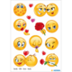 Eine Sammlung von bunten Emojis mit verschiedenen Gesichtsausdrücken, darunter Herzen und Blumen, auf einem Stickerblatt.