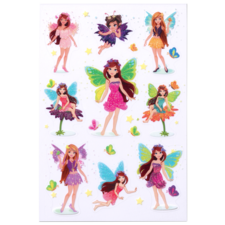 Bunte Aufkleber von Feen in verschiedenen Posen und Outfits, umgeben von Schmetterlingen und Sternen.