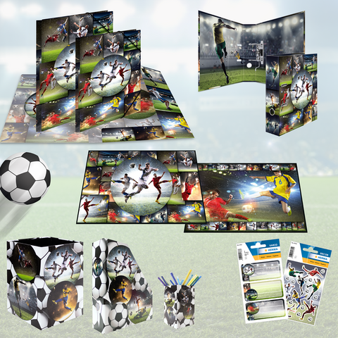 Various soccer items, including notepads, stickers, and a soccer ball, featuring sporty designs and players in action.