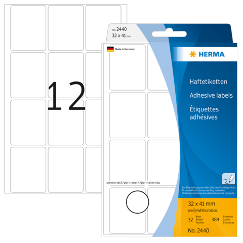Haftetiketten in Weiß, 32 x 41 mm, 384 Stück, verpackt in einer transparenten Hülle mit einer Nummerierung auf der Vorderseite.