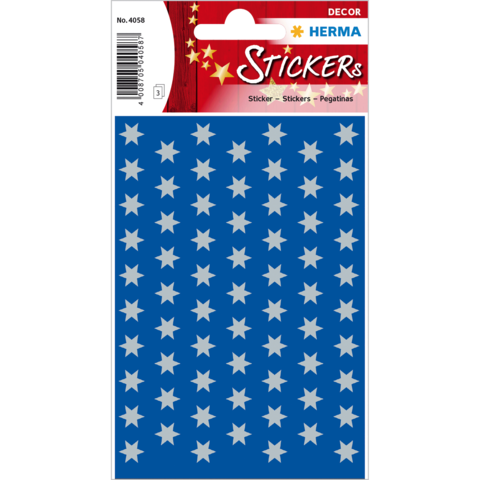 Blauer Hintergrund mit weißen Sternstickern in gleichmäßiger Anordnung auf einem Bogen. Verpackung zeigt die Marke Herma.