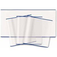 A stack of transparent sheets with blue borders arranged on a white background.