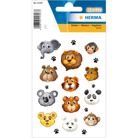 Tieraufkleber mit verschiedenen Tiergesichtern, darunter ein Elefant, ein Löwe, ein Koala, ein Panda und ein Affe, umgeben von Pfotenabdrücken.