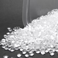 Sustainable Labels: Recycling Granulate (Recycled Material), in front of a container, base material for HERMA film labels, PE and PP.