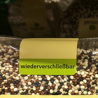 Closure labels: printed resealable labels on a grain packaging.