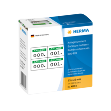 Karton mit Aufklebern für Anlagenummern, 15 x 22 mm, 2 x 1000 Stück, nummeriert von 000 bis 999, Marke HERMA, hergestellt in Deutschland.