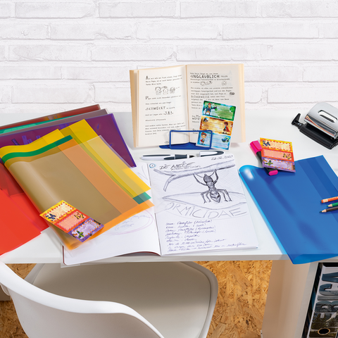 Colorful sheets, a notebook filled with handwritten notes, and writing utensils on a table. A stapler and a pen are also visible.