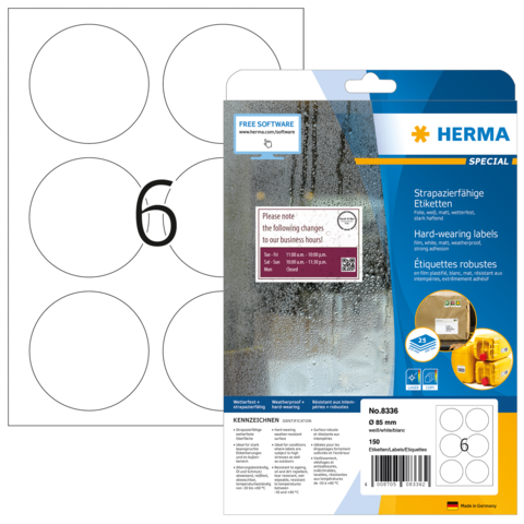Aufkleberbogen mit sechs runden Etiketten und Verpackung von Herma, die strapazierfähige Etiketten beschreibt.