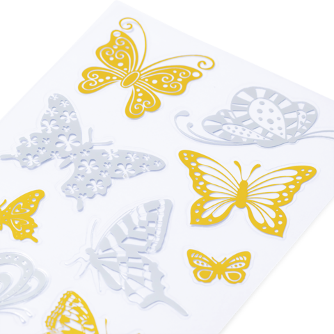 Bunte Schmetterlingsaufkleber in verschiedenen Designs und Farben auf einem weißen Hintergrund.