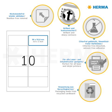 Etikettenblatt mit 10 rechteckigen Etiketten, 96 x 50,8 mm, für Laser- und Tintenstrahldrucker, umweltfreundliche Verpackung aus recyceltem Karton.