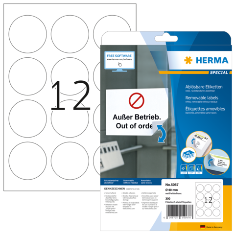 Runde, ablösbare Etiketten auf einem Blatt, mit der Aufschrift „Außer Betrieb. Out of order“ und der Produktnummer 5067.