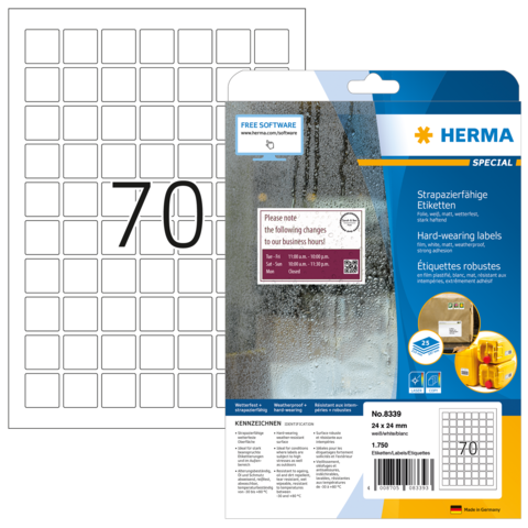 Etikettenbogen mit 70 Etiketten, 24 x 34 mm, von Herma. Verpackung zeigt Anwendungshinweise und Softwareoptionen.