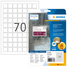 Etikettenbogen mit 70 Etiketten, 24 x 34 mm, von Herma. Verpackung zeigt Anwendungshinweise und Softwareoptionen.