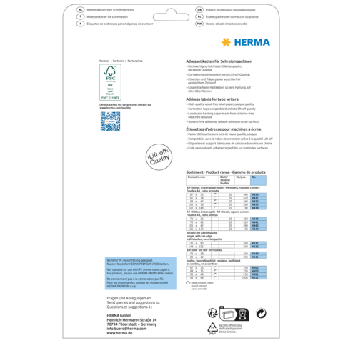 Adressetiketten für Schreibmaschinen von HERMA, mit Produktinformationen, QR-Code und Qualitätshinweisen auf der Rückseite.