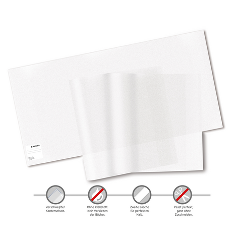 Transparent book cover film with two flaps for a perfect hold, adhesive-free, suitable for protecting books.