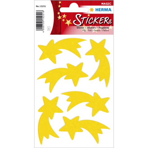 Gelbe Aufkleber in Form von Sternen und Kometen auf einer Verpackung, geeignet für Bastelprojekte.