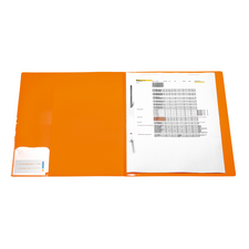 Ein orangefarbener Ordner mit zwei Dokumenten: einer mit Linien und einer Tabelle mit Daten und Informationen.