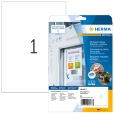 Packung mit strapazierfähigen, ablösbaren Etiketten von Herma, inklusive Softwarehinweis und Produktdetails.