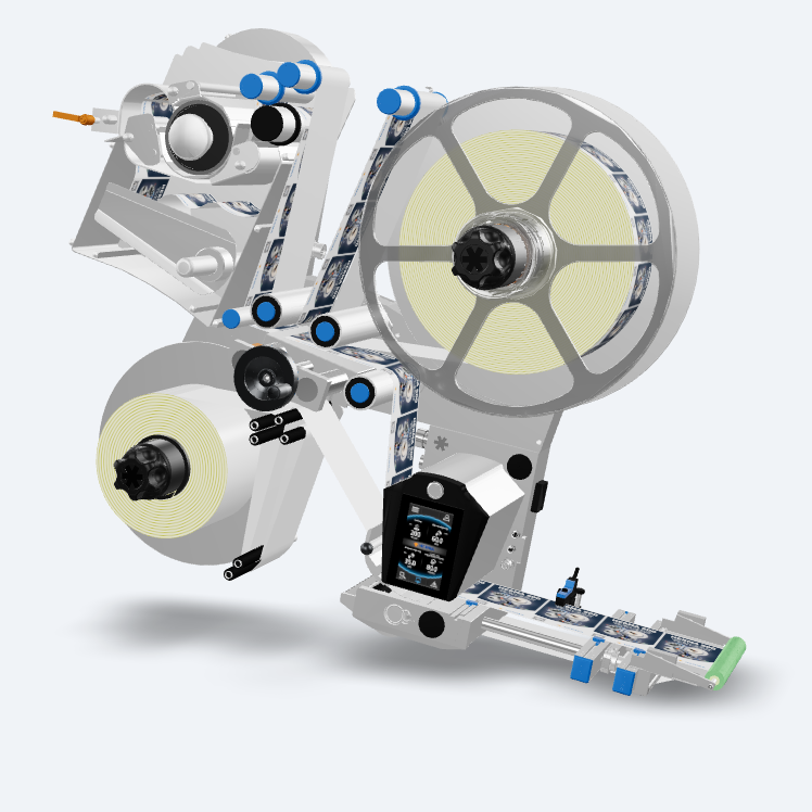 Technical representation of a labeling machine featuring rollers, drive mechanisms, and control elements in a modern design.