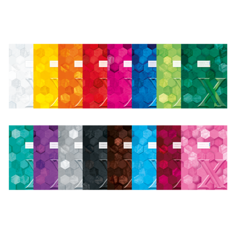 Farbenfrohe Notizhefte in verschiedenen Tönen, angeordnet in zwei Reihen, mit hexagonalen Mustern und einem großen "X" auf einigen Heften.