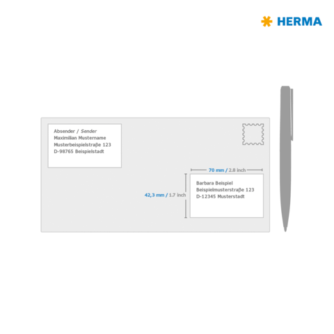 Briefbeschreibung eines Briefumschlags mit Absender- und Empfängerinformationen sowie Maßangaben für die Adressierung.