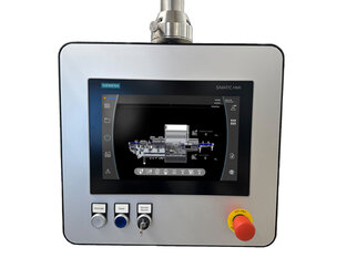 Control unit with touchscreen display, showing technical information and control options for industrial applications.