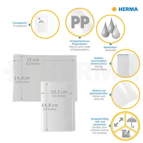 Transparent polypropylene sleeves in various sizes, washable and durable, with sturdy edges and a glossy finish.