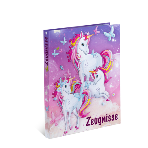 A colorful notebook featuring unicorns and butterflies on a pastel background. The title 'Certificates' is clearly visible.
