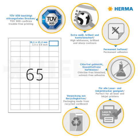 Etikettenbeschreibung mit technischen Details: 38,4 x 21,2 mm, permanent haftend, chlorfrei gebleicht, geeignet für Laser- und Inkjetdrucker.