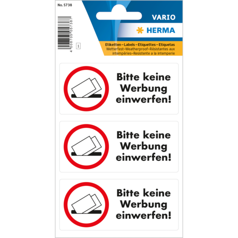 Aufkleber mit der Aufschrift "Bitte keine Werbung einwerfen!" in rotem Kreis, drei Exemplare auf einem Blatt.