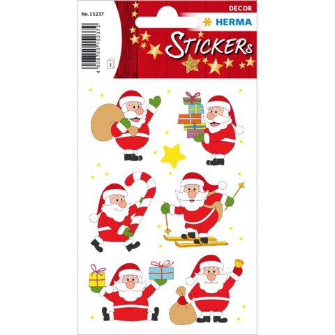 Sechs verschiedene Weihnachtsmann-Sticker, die Geschenke, Süßigkeiten und festliche Aktivitäten darstellen, auf einem bunten Hintergrund.