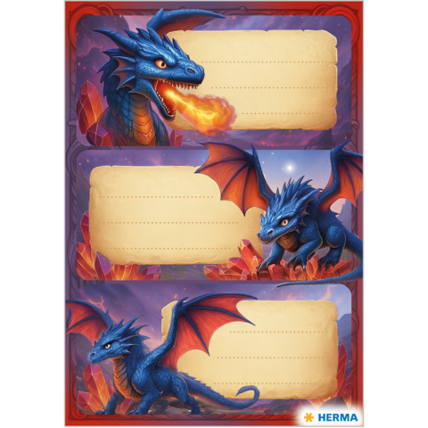 Three dragon illustrations on a colorful background with blank text boxes to fill in. At the top, a dragon breathing fire, and two more dragons below.