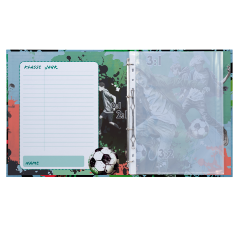 A soccer notebook with a colorful background, space for name, class, and year, as well as illustrations of soccer players and a ball.